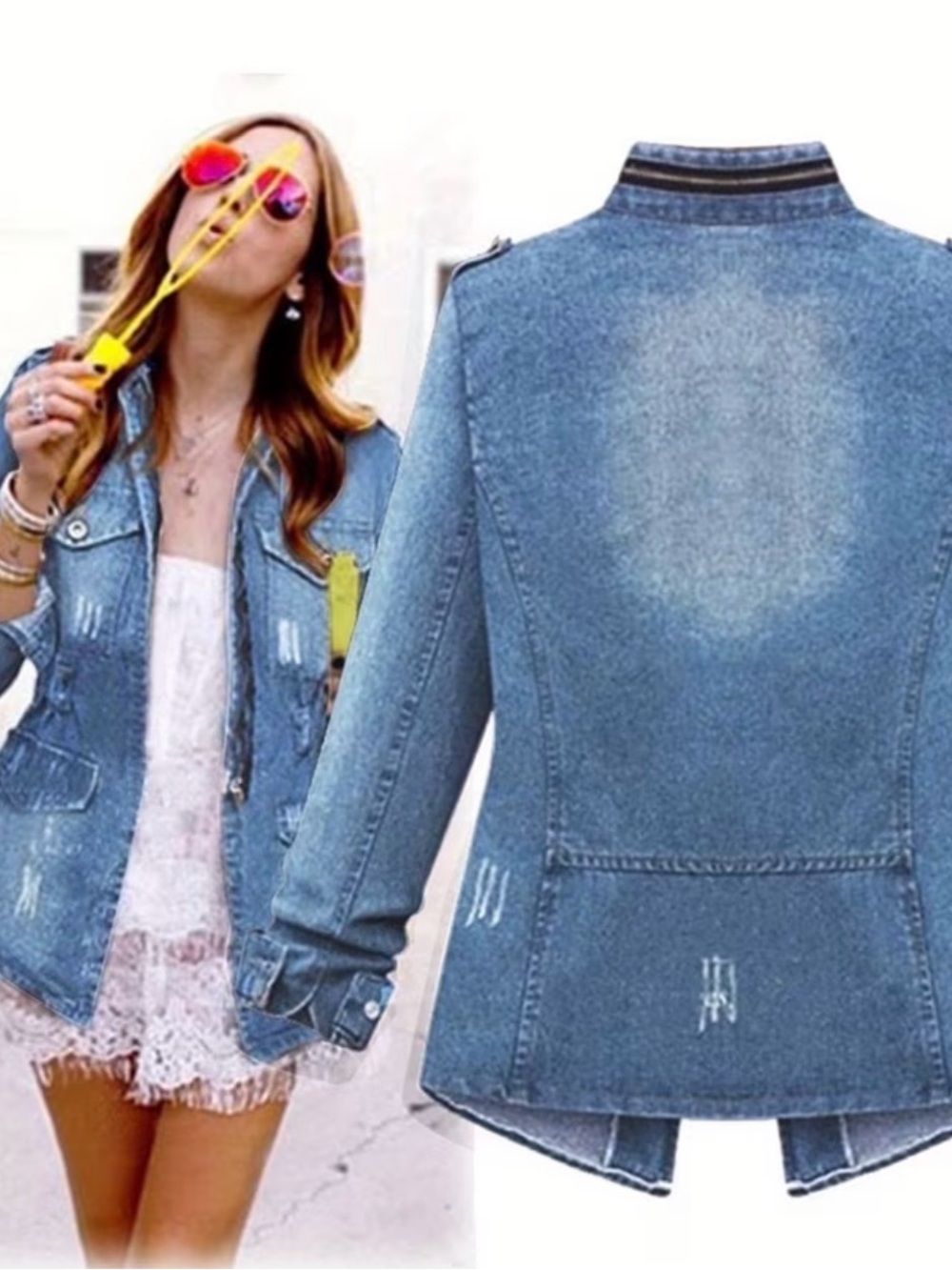 Saks Fifth Avenue Distressed Blue Denim Jacket with Front Zip - Picture 3 of 7